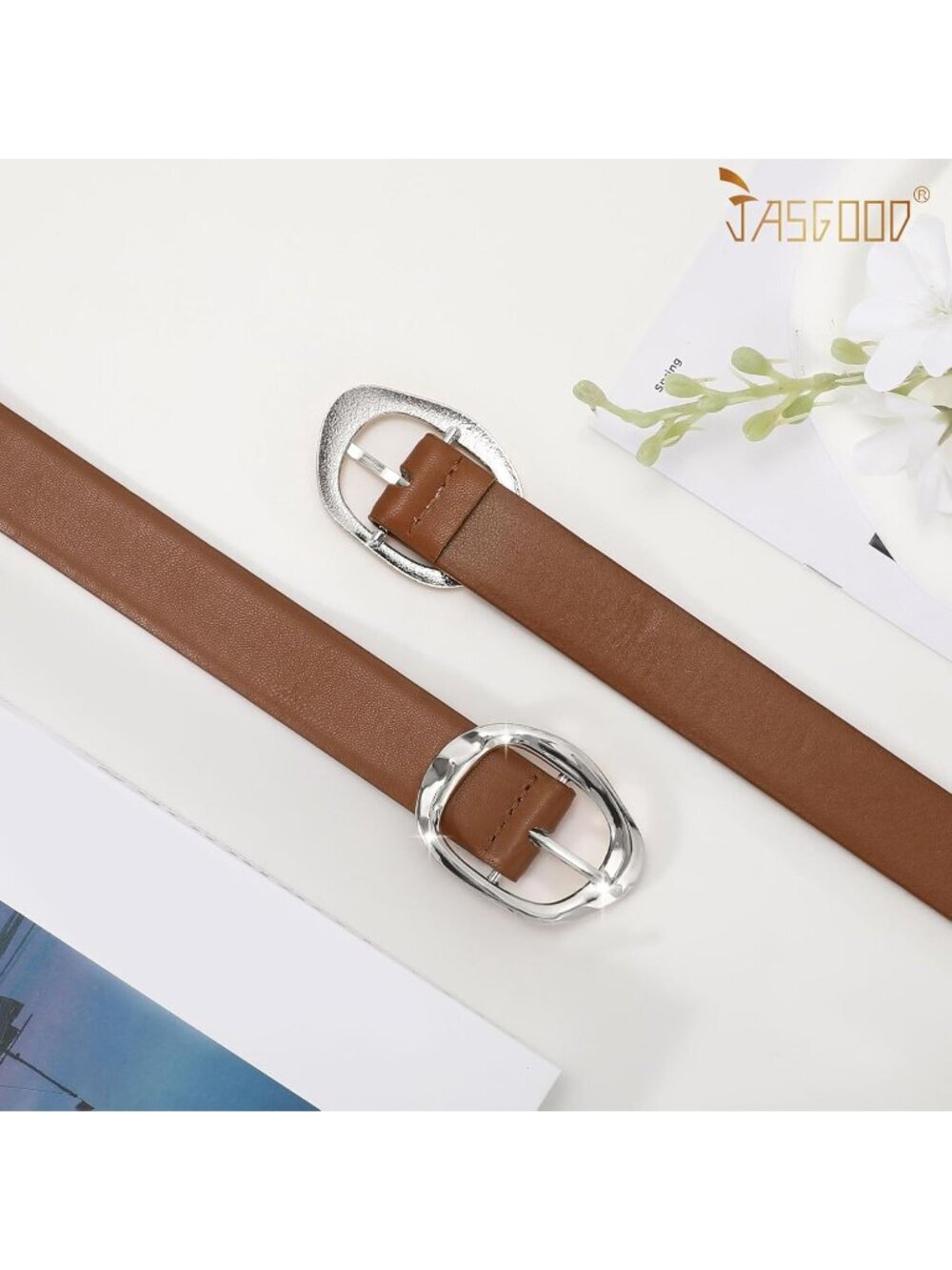 Women's Silver Coffee Faux Leather Casual Waist Stylish Fashion Belt Gold Buckle - Picture 3 of 5